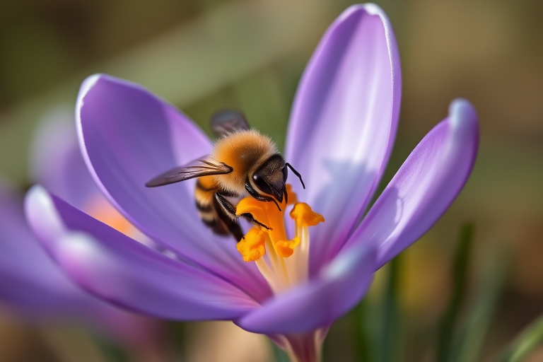 macro shot of a bee collecting pollen from a purple crocus flower, shallow depth of field, ISO 200, aperture f/2.8, 100mm lens, natural light, DSLR camera, focus on bee details