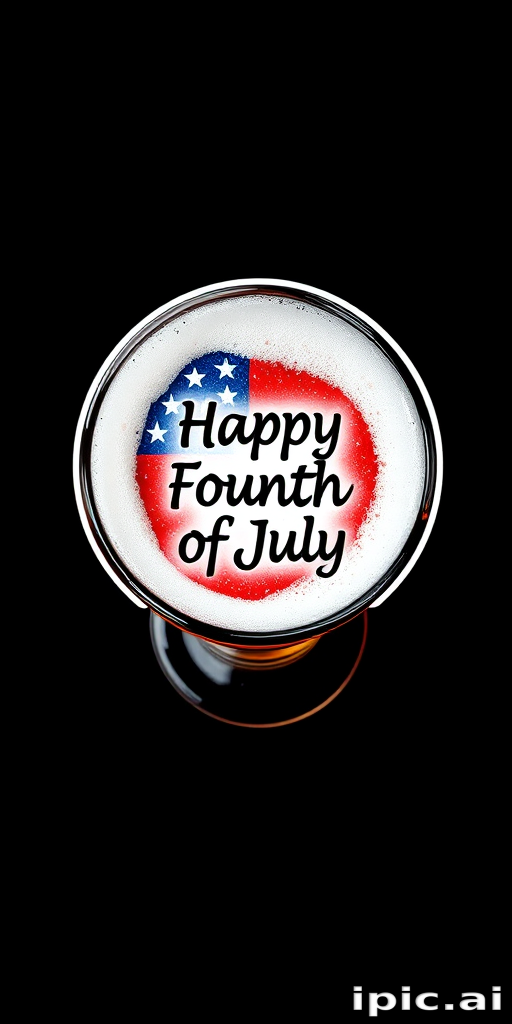 sticker, top-down view of a glass of beer, with foam in the shape of an American Flag in the center with text "Happy Fourth of July" black background