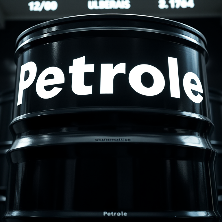 Create a high-resolution image of a black oil barrel with the word "Petrole" in luminous white text, using a Canon EOS R5 camera, 50mm lens, f/1.8 aperture, ISO 100, and a low-angle view to emphasize the barrel's height and details.