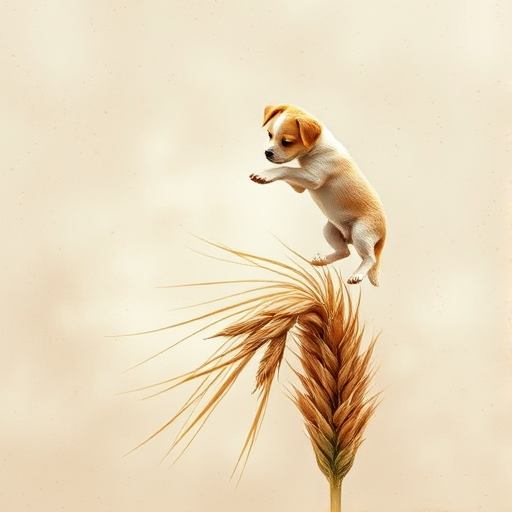 Soft, muted Alcohol Ink with ebru effect background image of tiny whimsical dog, who climbed high on the top of a golden rye ear.