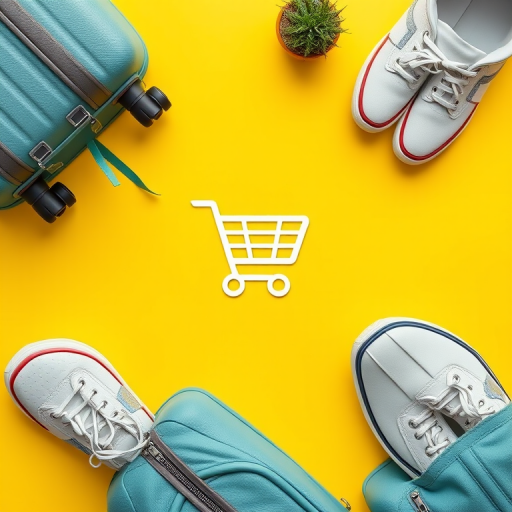 Generate a high-resolution image of a luggage cart icon on a bright yellow background, captured with a Canon EOS R5 at f/8, ISO 100, 1/200s, top-down view, flat lay style.
