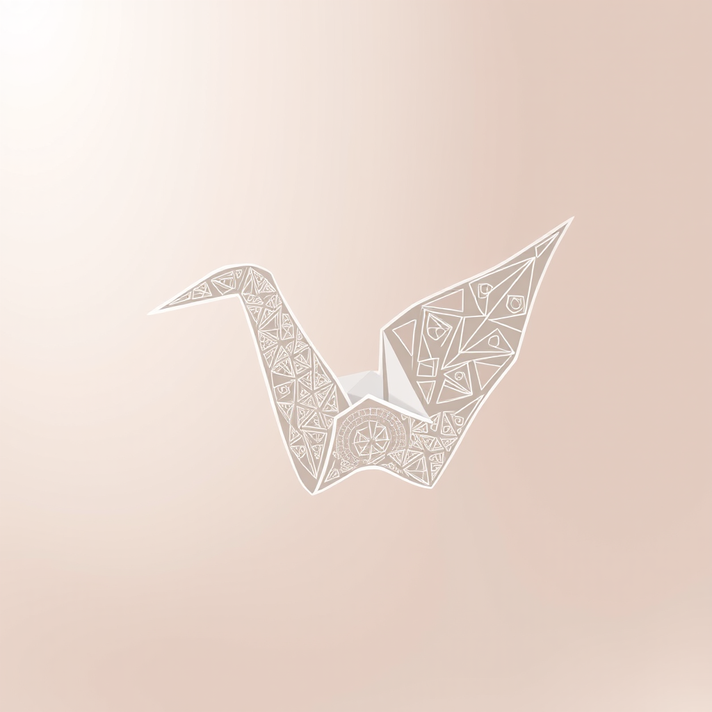 Create a highly detailed and intricate illustration of a paper crane in a minimalistic style with a soft-focus background, using a DSLR camera with a 50mm lens at f/1.8, ISO 100, and a shallow depth of field for enhanced clarity.