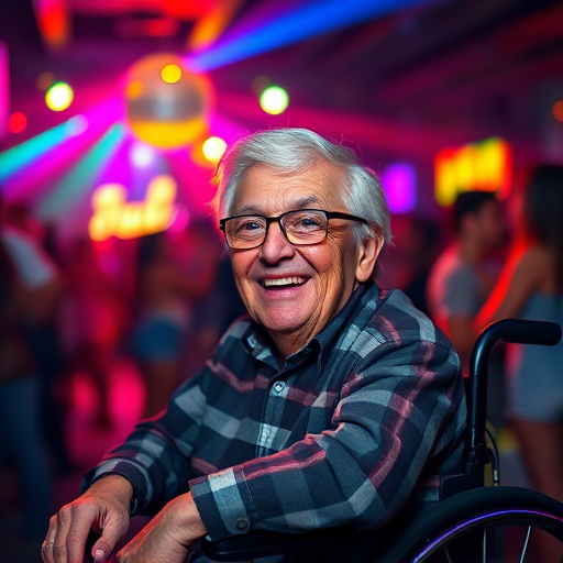 Create a vibrant nightclub scene featuring a joyful elderly man in a wheelchair with gray hair, blue eyes, and glasses, set against colorful disco lights and a lively crowd, captured with a DSLR camera, 50mm lens, f/1.8 aperture, ISO 200, 1/60 sec shutter speed, and a shallow depth of field for a cinematic effect.