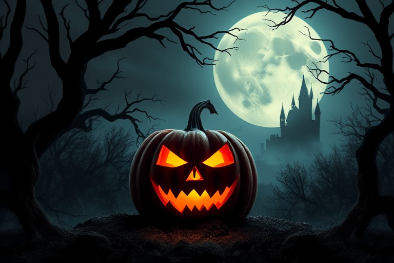A spooky Halloween scene featuring a carved pumpkin with a menacing expression glowing from within surrounded by dark twisted trees a large full moon in the background and a silhouette of an eerie castle in the distance with a misty atmosphere and deep shadows creating a haunting vibe