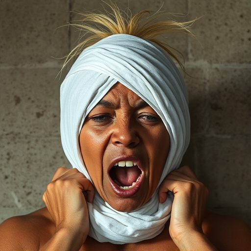 Create a close-up photographic image of a Aboriginal Australian woman with light skin tones shown against an old, worn wall. Their head is wrapped in a white cloth covering (i.e.... parts of the head except the nose and mouth, which are open as if they are screaming...), with a slight texture and visible folds in the fabric. Thin strands of blonde hair escape from the wrapping above, falling lightly at the top and sides. Their hands hold the fabric as if they are tugging nervously. The lighting is dramatic and even, casting strong shadows. The image has a minimalist and surreal style with an emphasis on simplicity with soft color tones. The composition is centered.
