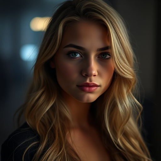 portrait of a young woman with long, wavy blonde hair and soft lighting, captured in low-light conditions with a 50mm lens, aperture set to f/1.8, ISO 100, using a Canon EOS R camera, shallow depth of field, and atmospheric background for dramatic effect