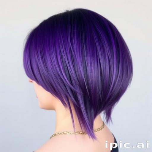 Intense violet undercut bob known as "Amethyst Aura" with shaved geometric patterns on one side and sleek, angled cut on the other