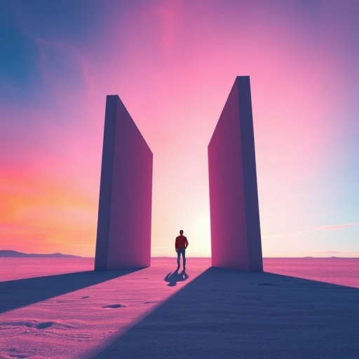 Create a surreal landscape featuring a lone figure standing between two large, abstract geometric shapes, casting dramatic shadows against a vibrant gradient sky, shot with a DSLR camera at f/2.8, ISO 100, shutter speed 1/125s, using a wide-angle lens for an immersive perspective.