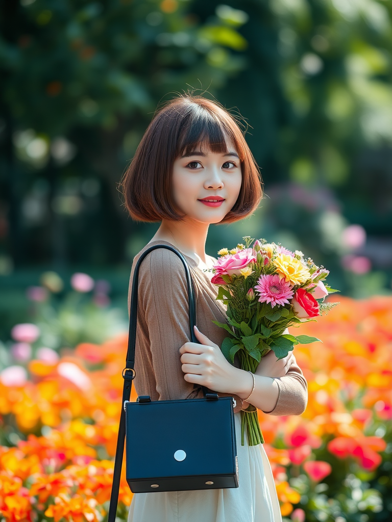 Portrait of a young woman with a bob haircut holding a bouquet and a black bag, standing in a vibrant garden, soft focus, natural light, f/2.8, 1/200s, ISO 100, 50mm lens, DSLR camera, shallow depth of field.