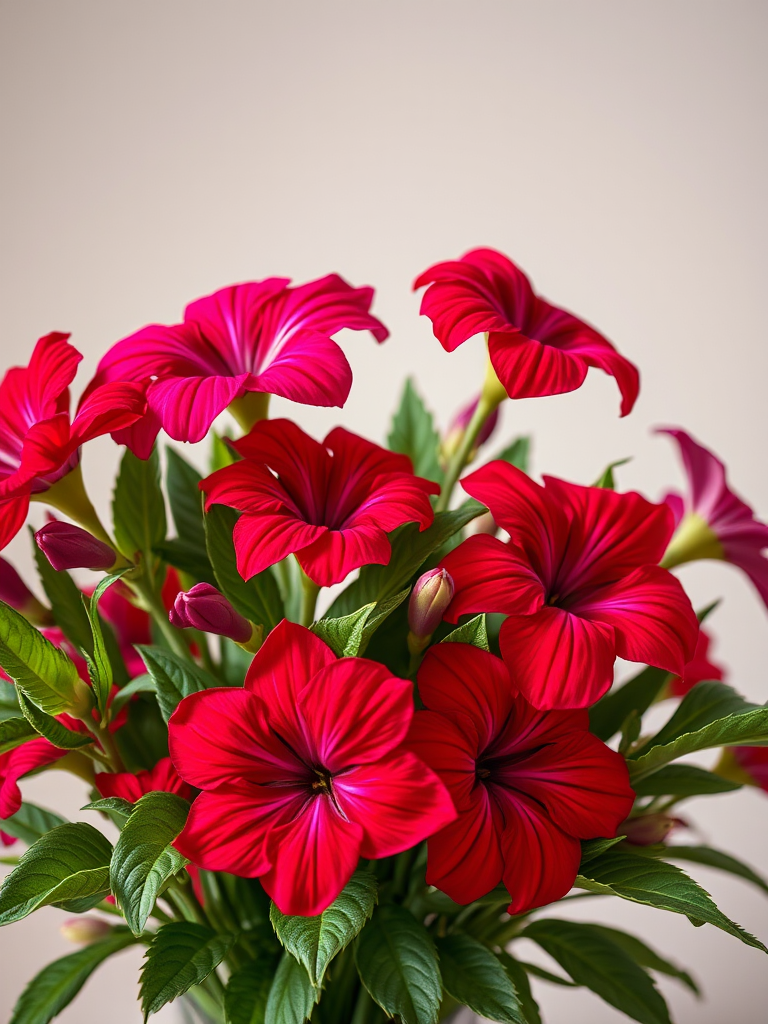 Create a vibrant floral arrangement featuring red and magenta flowers with green leaves against a neutral background, captured with a Canon EOS R5 at f/2.8, ISO 100, 1/125s, macro lens, using soft natural light to enhance color saturation and detail.