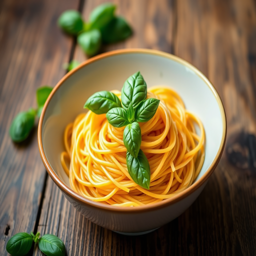 photograph of a bowl of spaghetti topped with vibrant green basil leaves, wooden background, soft natural light, shallow depth of field, DSLR camera, 50mm lens, aperture f/2.8, ISO 200, slight overhead angle, vibrant colors and rich textures