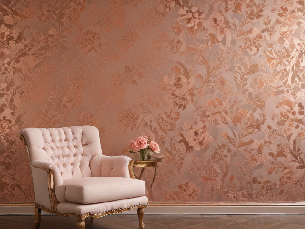 Elegant Living Room with Floral Wallpaper and Soft Pink Armchair Decor