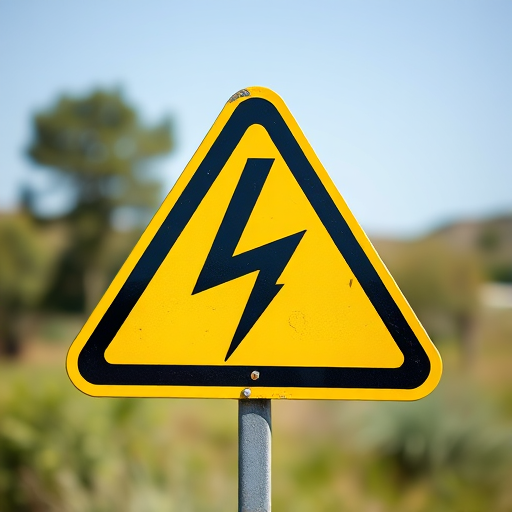 Create a high-resolution image of a yellow triangular warning sign with a black lightning bolt symbol in the center, shot with a DSLR camera at f/8, ISO 200, 50mm lens, natural lighting, and a clear view to enhance image quality.