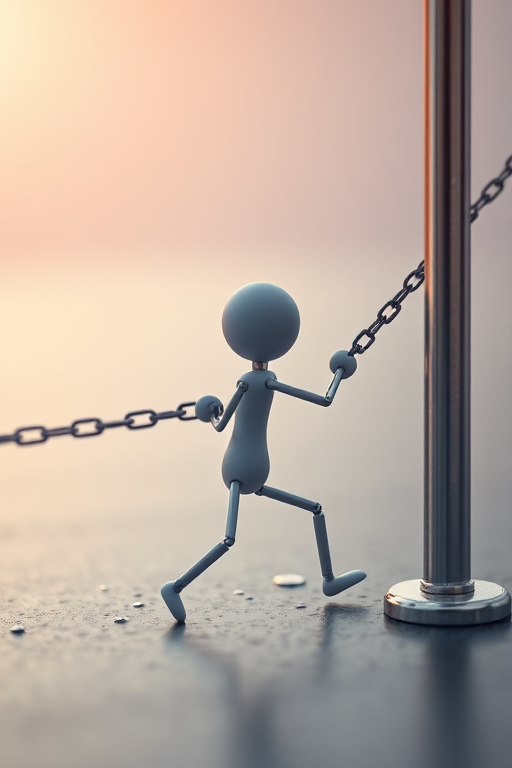 create a 3D rendering of a stick figure being pulled back by a chain attached to a pole, use a wide-angle lens at f/8 for depth of field, capture with a Canon EOS R5, set ISO to 100, and focus on the figure to enhance clarity and detail