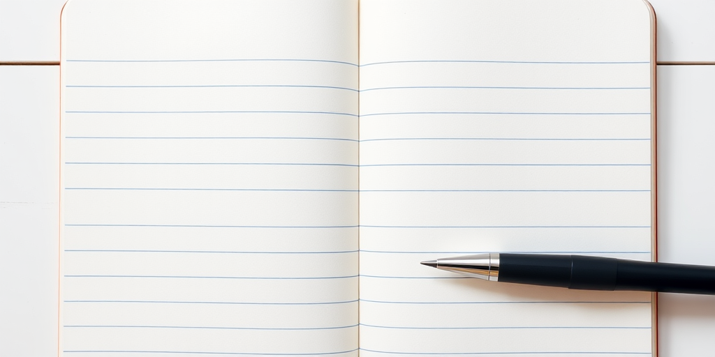 Create a clean, blank lined notebook page with soft texture, using a DSLR camera, ISO 100, f/8 aperture, 50mm lens, with a top-down view in natural lighting to enhance details and colors.