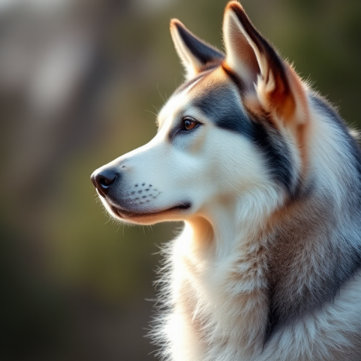 Portrait of a Siberian Husky in profile, shallow depth of field, aperture f/2.8, ISO 200, shutter speed 1/500 sec, natural light, DSLR camera, 50mm lens, soft bokeh background.