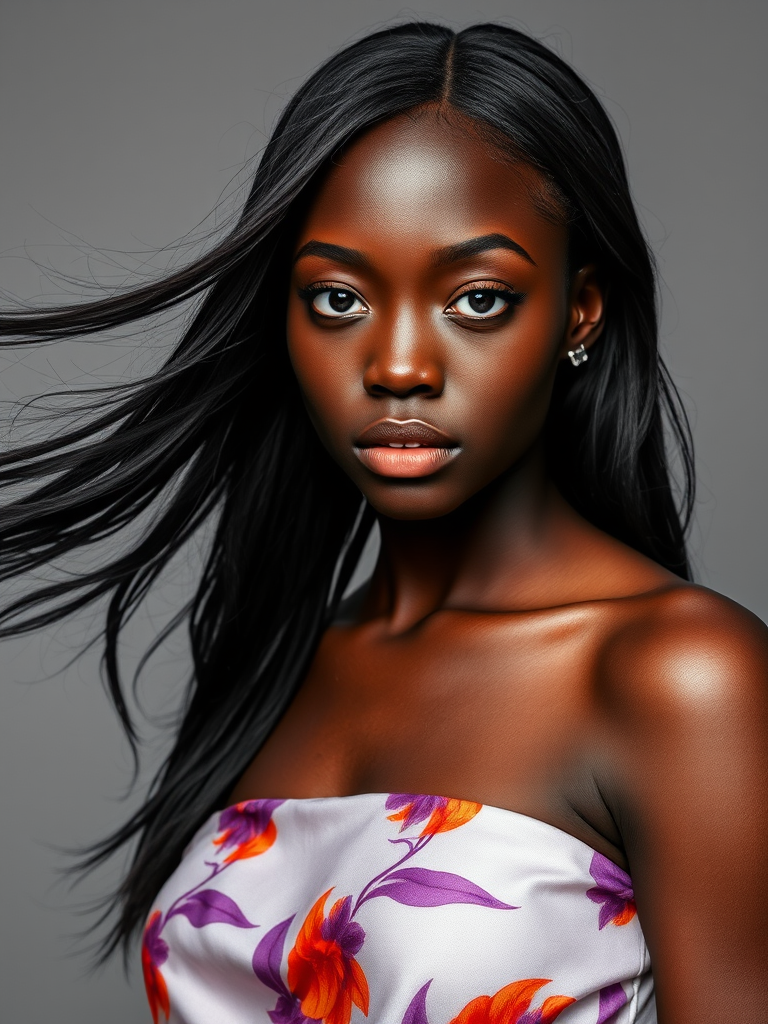 Photographic image of a beautiful young Igbo woman, white eyes, lips with brown lipstick, long hair fluttering in the wind and wearing a silk strapless dress with a soft purple and orange print. monochrome image with only color highlights in the iris of the eyes, lipstick and dress. Gray background.