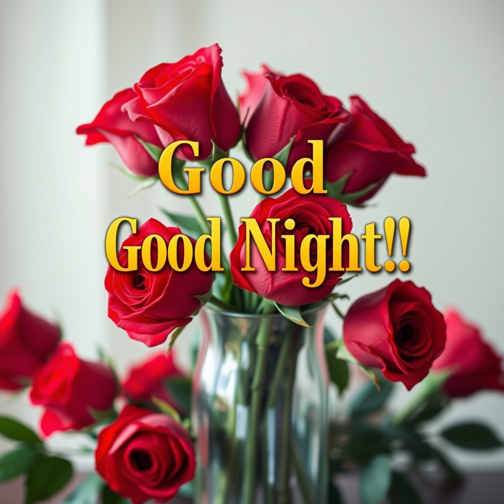 Create an image with the text "Good Night!" in golden Garamond font, placed atop a delicate vase filled with vibrant red roses, with soft focus and warm lighting effects.