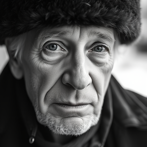 Capture a close-up portrait of an elderly man wearing a dark fur hat, focusing on weathered facial features, in natural light, using a 50mm lens at f/1.8, with a shallow depth of field, taken with a DSLR camera in black and white for a timeless feel.