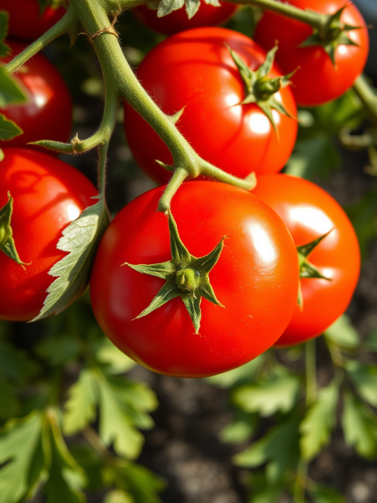 Fresh ripe tomatoes on the vine, overhead shot, natural light, macro lens, f/2.8 aperture, ISO 100, 1/125 sec exposure, high-resolution DSLR camera.