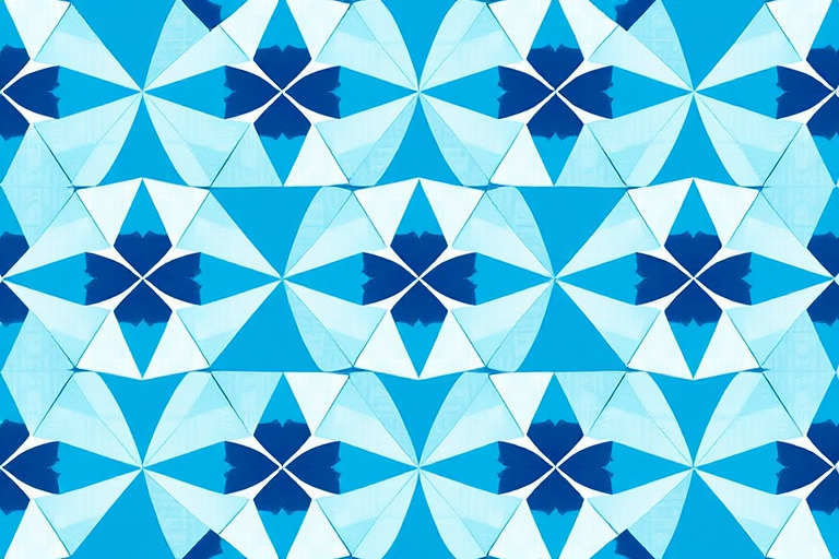 Create a repeating pattern of geometric shapes in various shades of blue and white, featuring triangles and diamonds, with a symmetrical layout, photographed with a Canon EOS R5 at ISO 100, f/8, 1/125 sec, in bright natural light from a top-down view for enhanced clarity and sharpness.