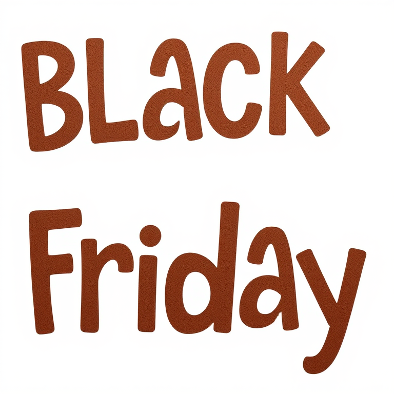 Create an image of the text "Black Friday" styled in playful typography with a bold brown color on a white background, shot with a DSLR camera at f/2.8, ISO 100, 50mm lens, in a top-down view.