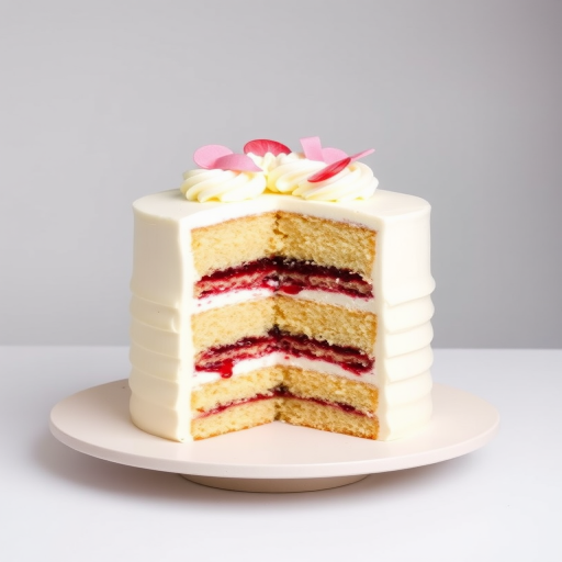 A beautifully layered cake with a light yellow sponge visible in the center, filled with raspberry jam and frosted with creamy white icing, adorned with pink and red decorative elements on top, placed on a simple round cake stand against a neutral background.