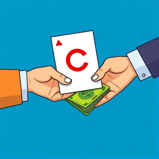 Create an illustration of two hands exchanging a copyright symbol document and money, with a blue background, using a Canon EOS R5 camera with a 50mm lens, aperture f/2.8, shutter speed 1/200s, ISO 100, captured in a vibrant, vector art style.