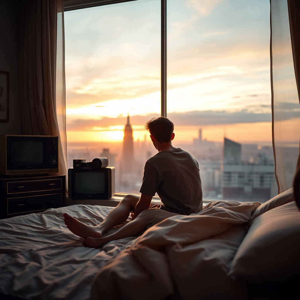 a serene sunset view from a cozy bedroom with a young man sitting on the bed, vintage television and radio in the background, city skyline with the Empire State Building visible, soft warm lighting, DSLR camera, 50mm lens, f/1.8 aperture, 1/100 sec shutter speed, ISO 200, golden hour photography