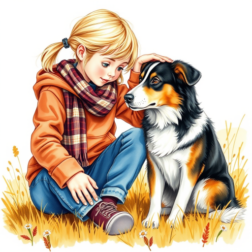 A detailed watercolor and acrylic illustration showing a heartwarming scene between a young blonde girl in pigtails and a Bearnaise Mountain dog. The girl, dressed in a rust hoodie, jeans, and a plaid scarf, gently rests her hand on the dog’s head. The dog, with black, copper, and white fur, sits beside her, tilting its head in affection. They sit on golden grass with wildflowers, against a sunny fall background. The artwork focuses on realistic textures and the tender bond between them.