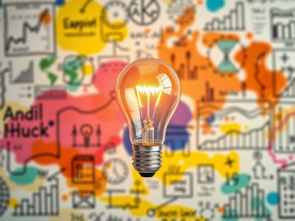 Create a high-resolution image of a glowing light bulb centered on a colorful background filled with hand-drawn sketches and graphs, shot with a DSLR camera at f/2.8, ISO 100, shutter speed 1/100s, in natural lighting with a shallow depth of field.