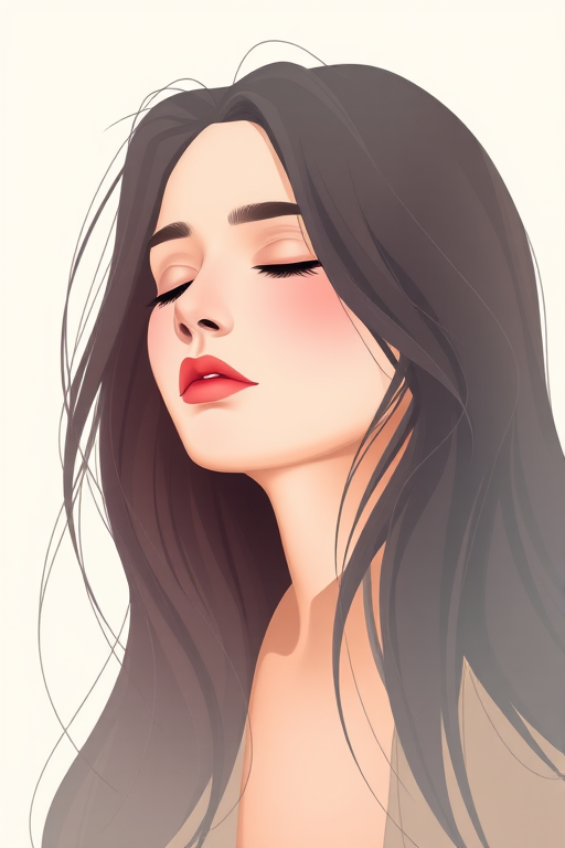 Generate a digital illustration of a woman with long hair, eyes closed, and a serene expression, using a soft color palette and smooth gradients, captured at a 50mm lens with an aperture of f/1.8, in a soft focus style reminiscent of portrait photography, using a DSLR camera.