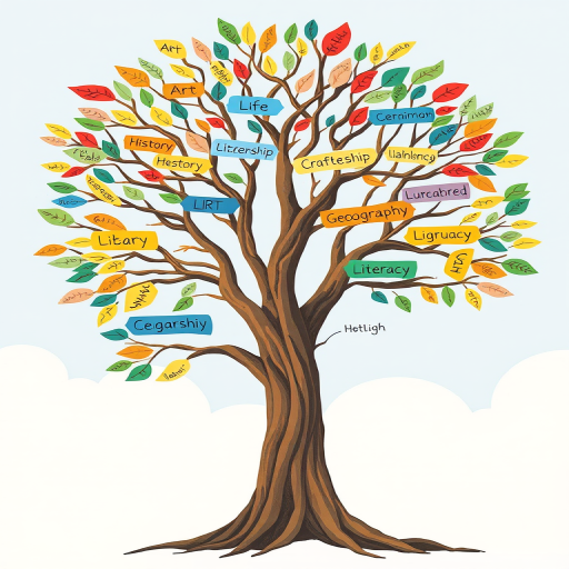 Create an illustration of a colorful tree with branches labeled with various subjects like Life, Art, Citizenship, Geography, History, Language, and Literacy, using a high-resolution digital art style, shot with a Canon EOS 5D Mark IV, aperture f/4, ISO 100, and a 50mm lens.