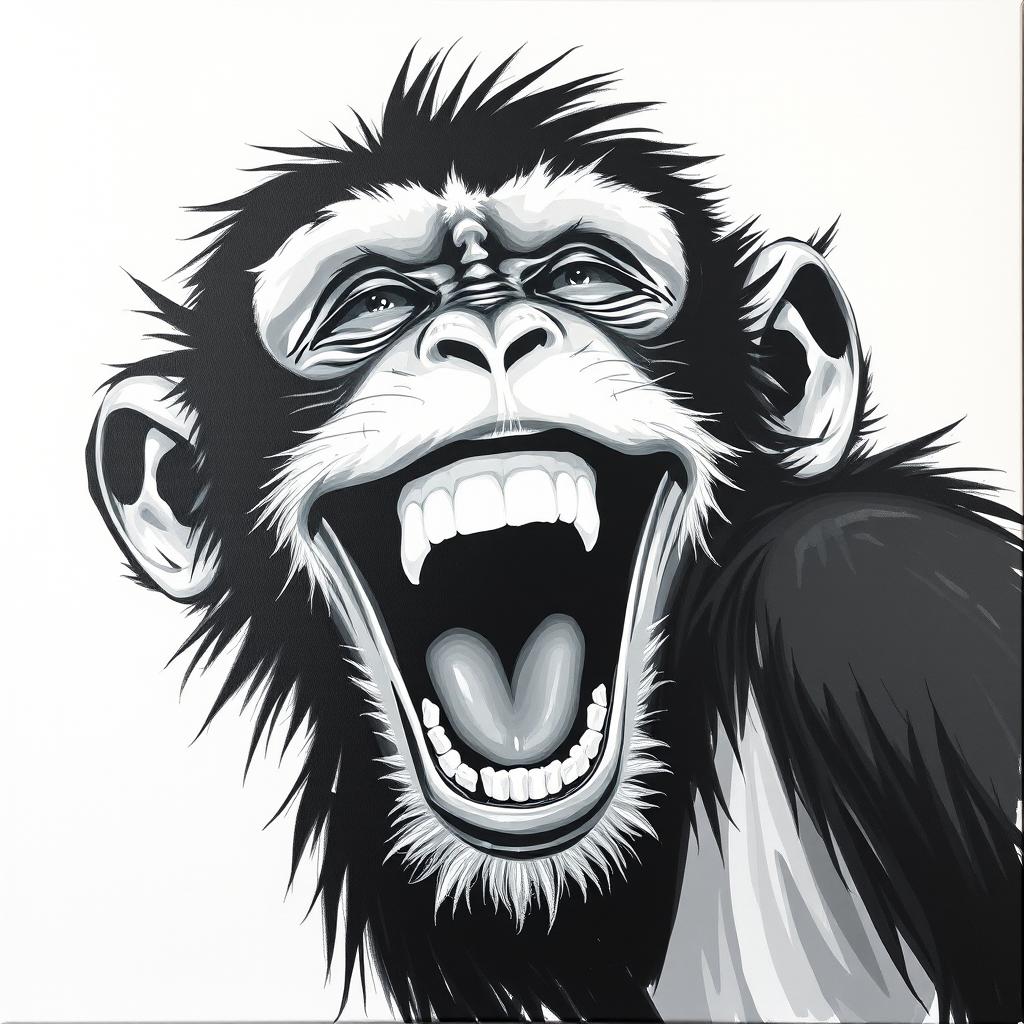 Abstract black and white acrylic portrait of an over exaggerated laughing (monkey). Minimalism style. White background.