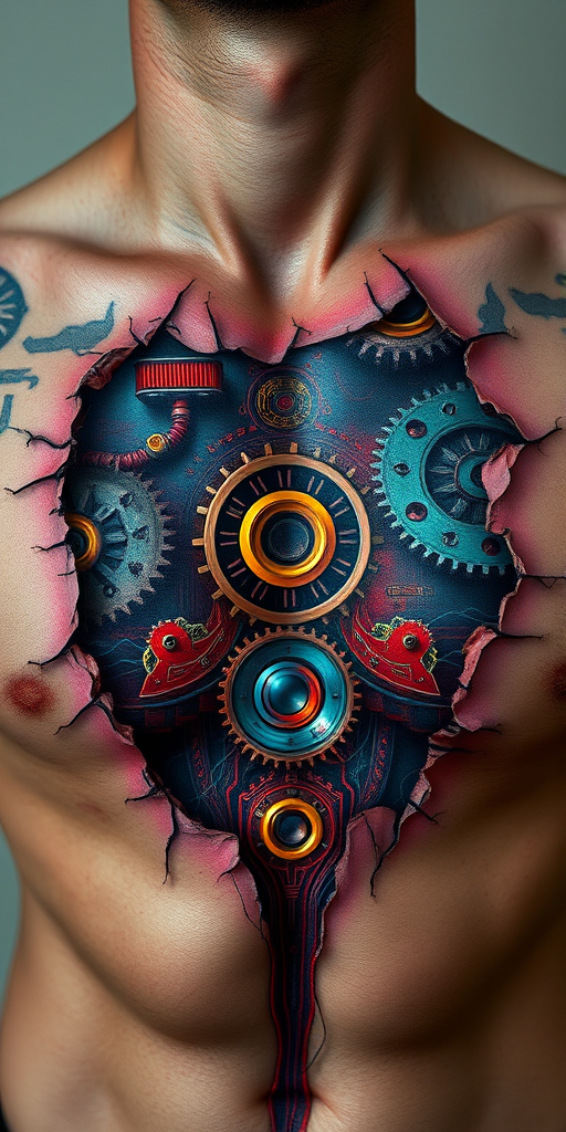 Realistic 3D biomechanical tattoo on the chest, revealing mechanical gears and circuits beneath torn skin, using hyper-realistic shading and color gradients to create a mind-bending illusion