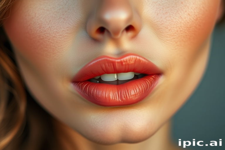 Romantic woman lips adorned with soft coral tint and dewy finish, full face capture highlighting natural beauty and gentle grace