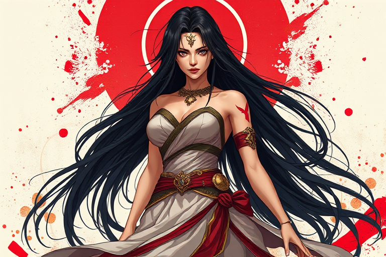 Create a high-resolution illustration of a mythical warrior woman in a flowing dress, with long black hair, vibrant red accents, and an abstract background featuring splashes of red and gold, captured with a DSLR camera at f/1.8, ISO 100, 50mm lens, natural lighting, shallow depth of field.
