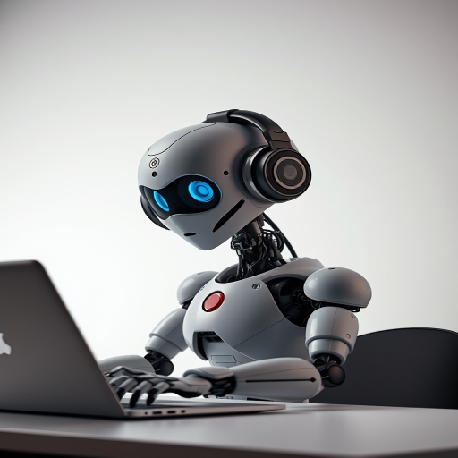 robot with large headphones sitting at a laptop, soft studio lighting, ISO 100, aperture f/2.8, 50mm lens, portrait orientation, high-resolution digital camera, monochromatic background for contrast, focused on robot details