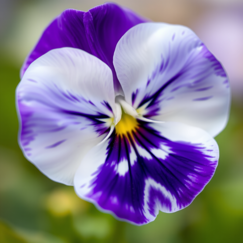 Close-up shot of a purple and white pansy flower, shallow depth of field, ISO 100, aperture f/2.8, 1/200 sec shutter speed, natural light, DSLR camera, macro lens, soft bokeh background.