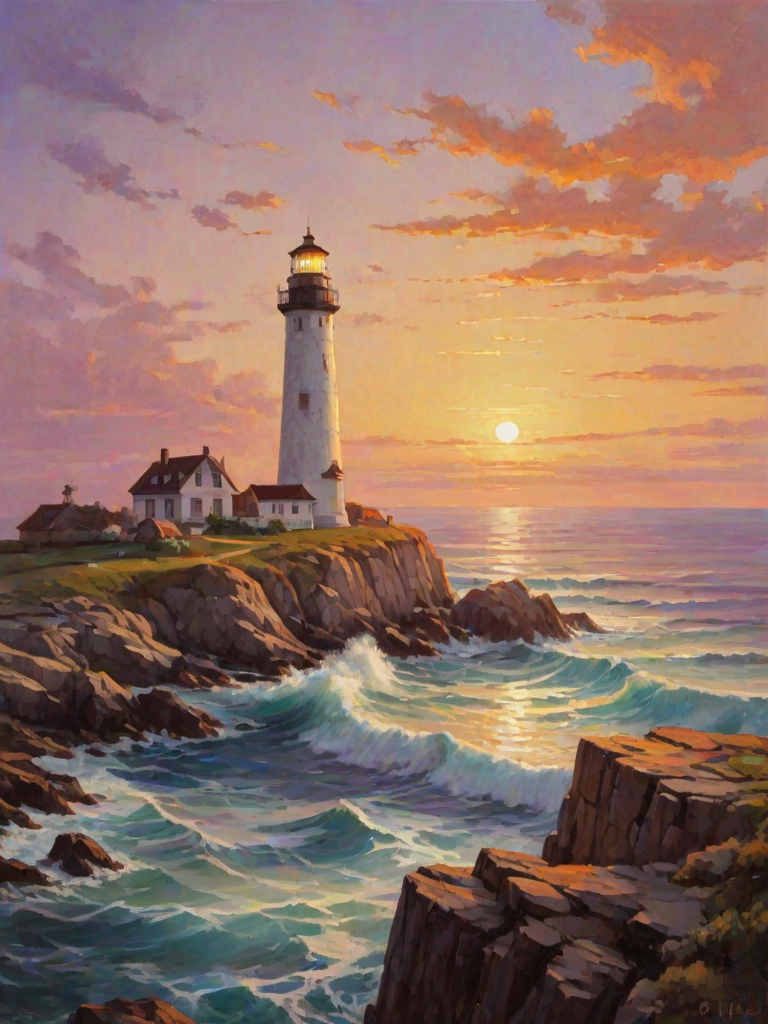 Generate an image of a tall lighthouse perched on a rocky outcrop surrounded by calm ocean waters during a breathtaking sunset. The lighthouse stands sturdy and weathered, its stone surface illuminated by the warm golden light of the setting sun. The sun's rays pass directly through the glass lantern room at the top of the lighthouse, casting a brilliant light across the scene. The sky is painted with vibrant shades of orange, pink, and purple, reflecting off the tranquil sea. The surrounding water shimmers with the same warm hues, creating a serene and majestic atmosphere.