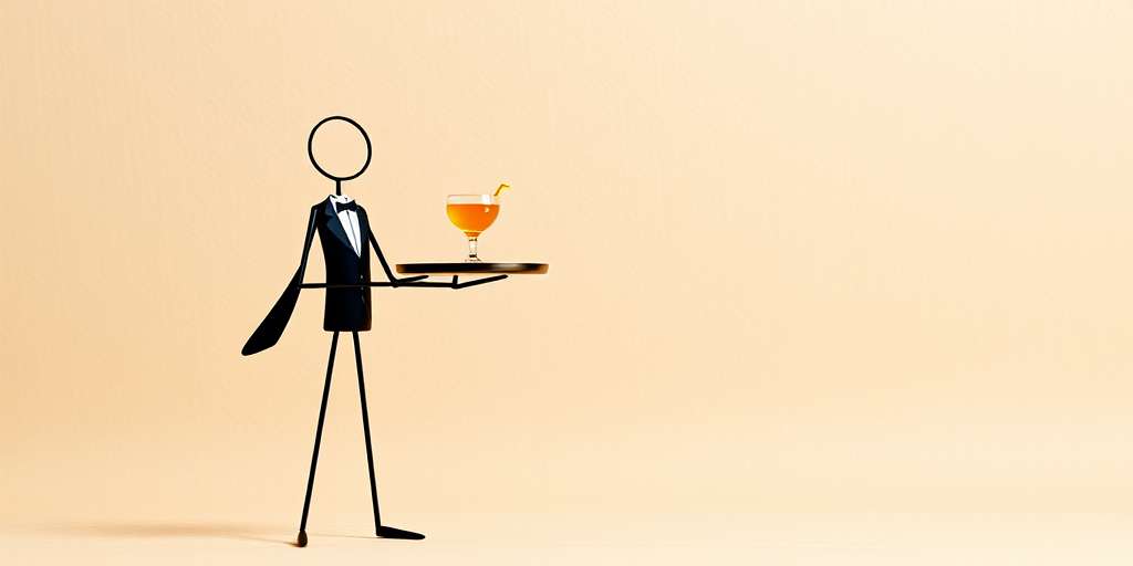 Create an image of a stick figure waiter holding a cocktail on a tray, with a textured beige background, captured in high resolution using a Canon EOS R5 camera, with a 50mm lens at f/1.8, shooting from a slightly elevated angle to enhance depth, in a digital art style.