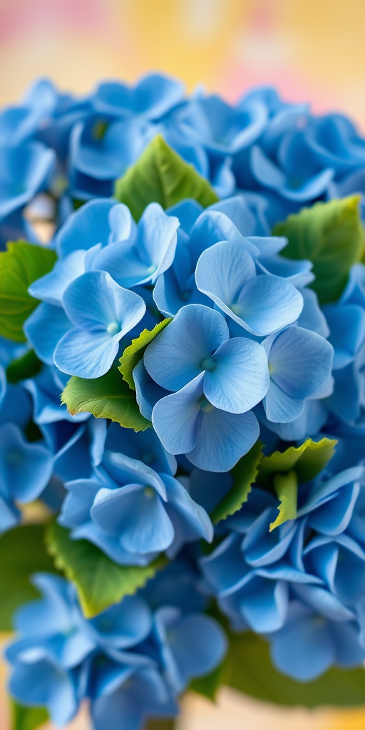 A vibrant bouquet of blue hydrangeas with soft green leaves, set against a pastel yellow and pink background, captured with a Canon EOS R5 at f/2.8, 50mm lens, natural light, high resolution, shallow depth of field.