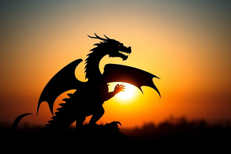 Create a highly detailed dragon silhouette against a sunset background using a DSLR camera, 50mm lens, f/1.8 aperture, ISO 100, with a slight vignette effect to enhance contrast and depth.