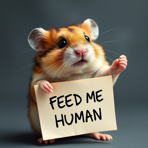 hamster holding a note which says "FEED ME HUMAN"