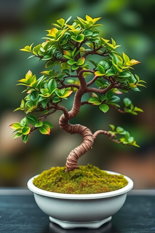 A beautifully crafted bonsai tree with vibrant green leaves and intricate twisting branches, displayed in a white ceramic pot filled with moss, shot with a Canon EOS R5, 50mm lens, f/1.8 aperture, ISO 100, natural lighting, and a shallow depth of field for enhanced focus on the tree.
