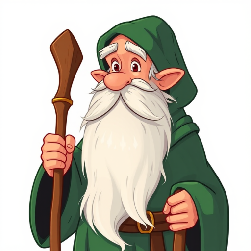 Create an illustration of a wise old man with a long white beard wearing a green robe, holding a wooden staff, in a whimsical cartoon style, shot with a Canon EOS 5D Mark IV with a 50mm lens at f/2.8, ISO 100, natural lighting, high resolution, and vibrant colors.