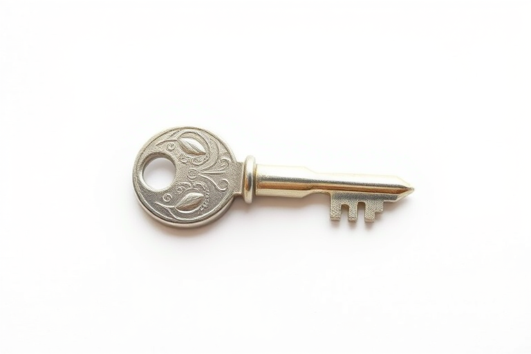 Create a high-resolution vector illustration of a silver key on a plain white background, shot with a Canon EOS R5, 50mm lens, aperture f/2.8, ISO 100, soft natural lighting to enhance details and texture.