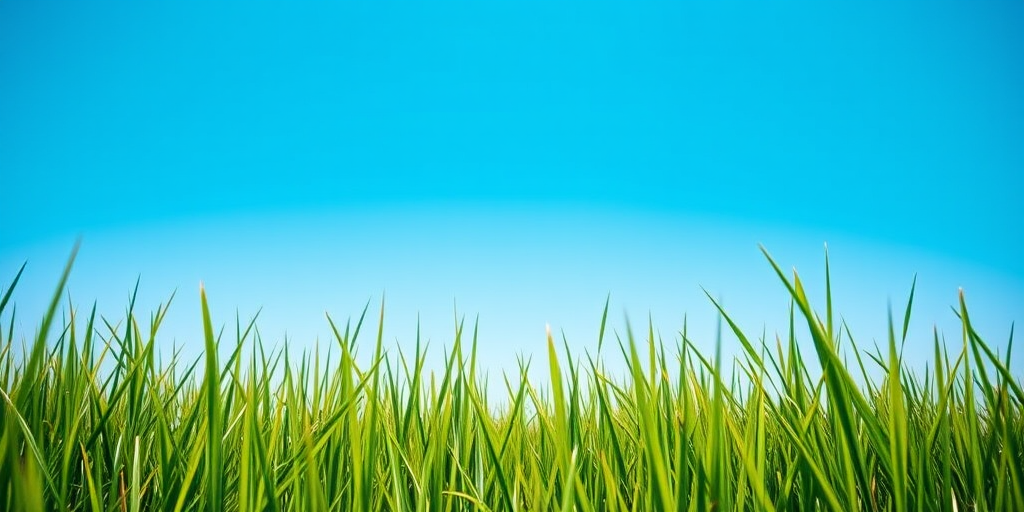 Generate an image of a bright blue sky framed by lush green grass at the edges, using a DSLR camera with a 50mm lens, aperture f/2.8, ISO 100, and a shallow depth of field for enhanced image quality.