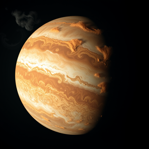 Create a highly detailed image of a swirling cloud-covered planet similar to Jupiter with vibrant orange and brown hues, captured with a Canon EOS R5, 50mm lens, aperture f/1.8, ISO 100, in a low-angle view for a dramatic effect.