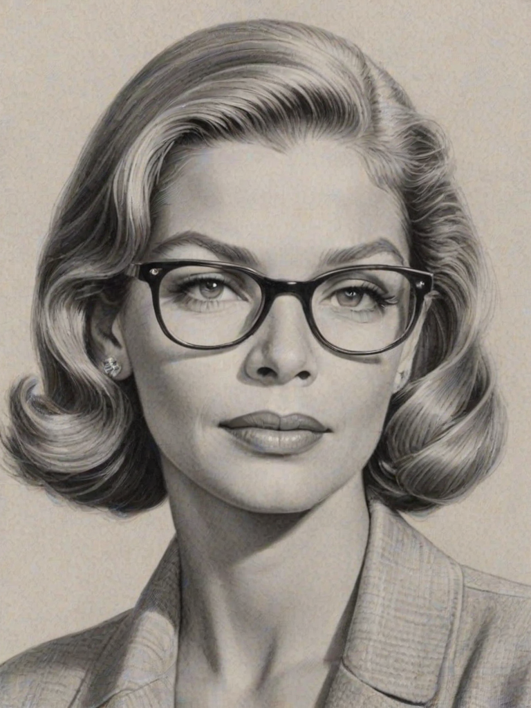 Beautiful Lauren Bacall, pencil sketch, portrait of beautiful woman 60s in glasses, hair style beatnik, outline, clear lines, fine lines, 8k